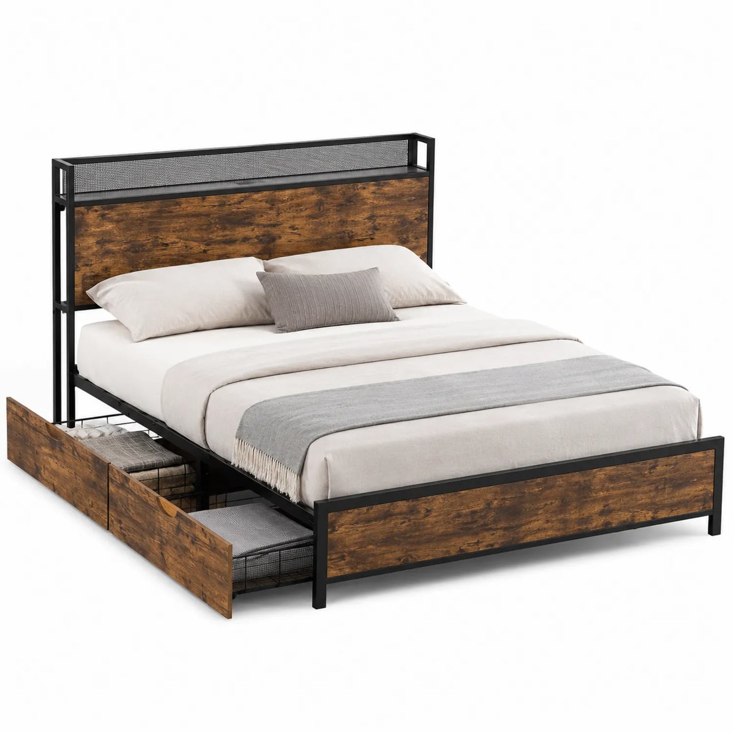 Doppelbett aus Metall und Holzoptik mit Stauraum 200x160 cm