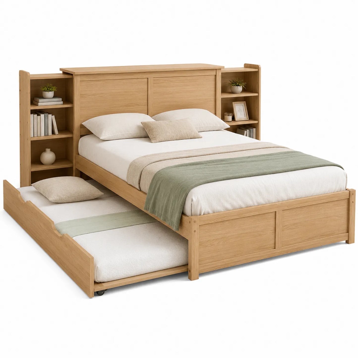Doppelbett aus Eiche mit Ausziehbett und Regalen
