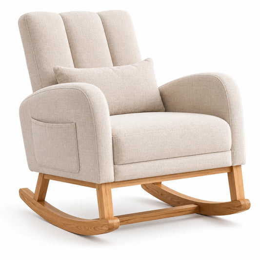 Leinen Schaukelstuhl mit Holzrahmen Beige