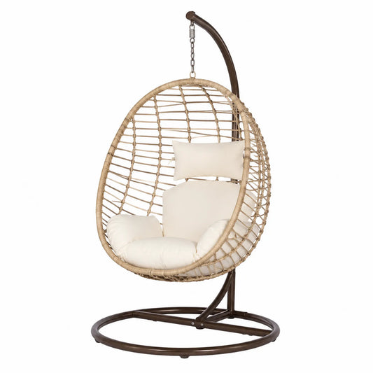 Rattan Hängesessel Beige mit Stahlrahmen und Polsterkissen