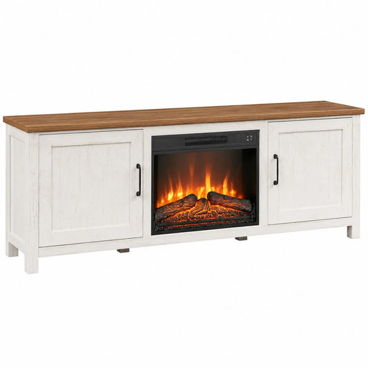 TV-Möbel mit Elektrischem Kamin aus Kiefernholz Weiß/Braun 150cm