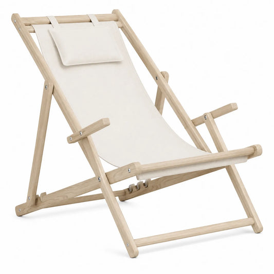 Klappbarer Holzliegestuhl mit Polyestergewebe Beige