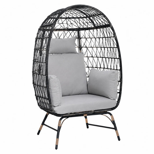 Rattan Ei-Stuhl mit Kissen, Schwarz/Grau