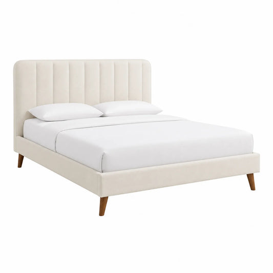 Polsterbett Stoff Beige 200x180 cm mit Holzbeinen