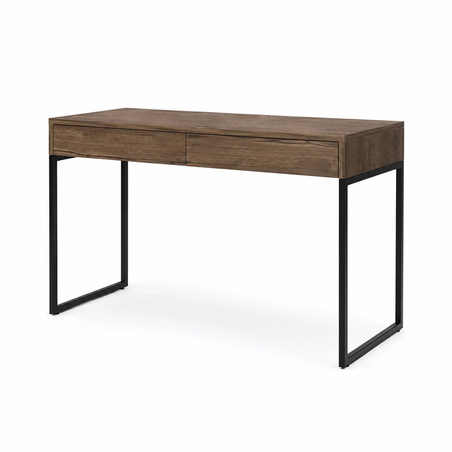 Holzschreibtisch mit schwarzem Metallgestell und Schubladen