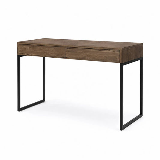 Holzschreibtisch mit schwarzem Metallgestell und Schubladen
